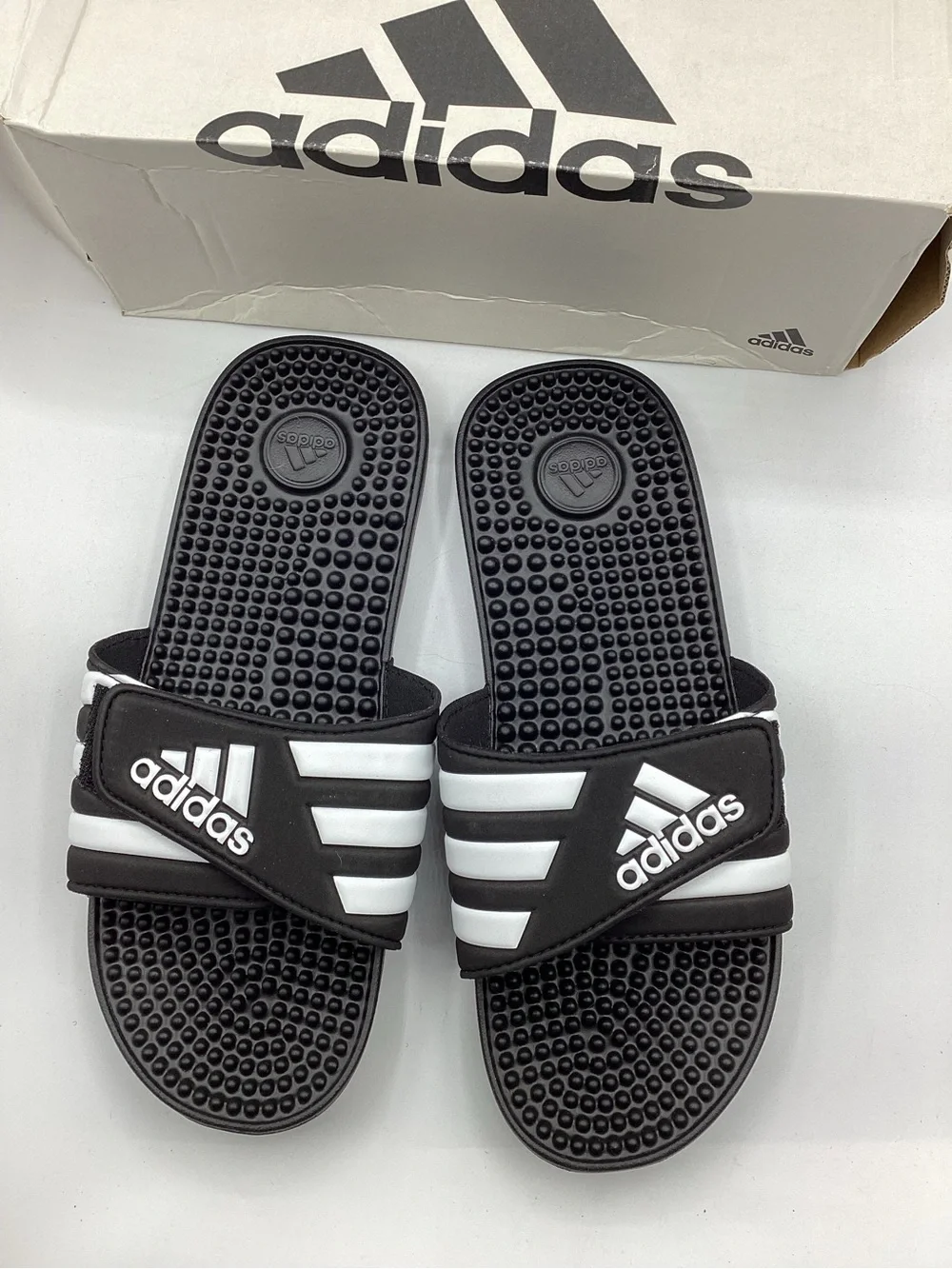 Adidas Black and White Slide Sandals with Cushioned Massage Footbed Men’s 10